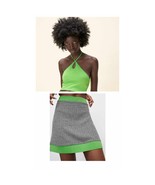 Zara Halter Crop Top + Knit Jacquard High Waisted Mini Skirt Neon Green ... - $54.70 CAD