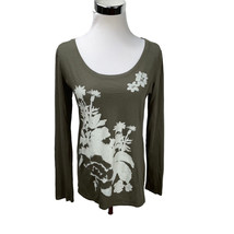 Lucy Dark Green Floral Pima Cotton Long Sleeve Knit Top T-Shirt Stretch ... - $15.99