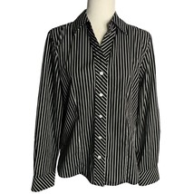 Foxcroft Button Up Long Sleeve Shirt 10 Black Striped Fitted Collar Wrin... - £29.26 GBP