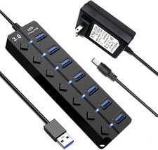 Powered USB 3.0 Hub Adapter 7Port USB Splitter with Individual ON Off Switches a - £33.58 GBP