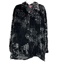 Denim &amp; Co Women Shirt Large Black Velvet Floral Button Up Long Sleeve S... - $28.71