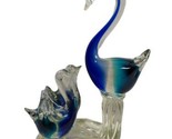 Vintage 9.5&quot; Blue Long Neck Murano Glass Mother Swan &amp; Cygnet Design Rare - $42.75