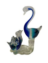 Vintage 9.5&quot; Blue Long Neck Murano Glass Mother Swan &amp; Cygnet Design Rare - £33.47 GBP