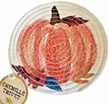 Thanksgiving Trivet Hot Pad Orange Pumpkins Braided 9&quot; Chenille Heat Resistant - £15.07 GBP