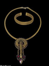 Antique Set Lot 1960s Gilt Mesh Rhinestone Necklace 15” &amp; Cuff Bracelet 6” - £58.84 GBP