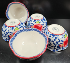 5 Pioneer Woman Heritage Floral Soup Cereal Bowls Set Blue Red Scalloped Rim Lot - £44.27 GBP