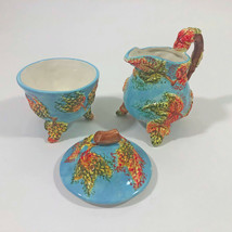 Sugar Bowl with Lid and Creamer Set Blue and Orange Green Leaves Design - £23.80 GBP