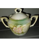 Antique RS Prussia Green porcelain Pink & White rose vanity sugar jar bowl - $30.00