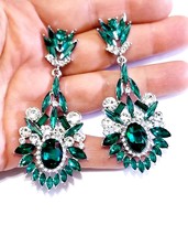 Green Rhinestone Earrings, Marquise Chandelier Earrings, Crystal Drop Earrings,  - £31.95 GBP