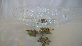 VINTAGE CUT GLASS CANDY DISH ON GOLD METAL TONE STAND, SCALLOPED EDGES - £79.95 GBP