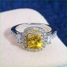 2.50Ct Cushion Cut Simulated Citrine Halo Engagement Ring 14k White Gold Plated - £65.76 GBP