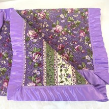 Vintage Baby Crib Quilt Purple Nylon Binding 41x43 Floral Stripe Reversible K3 - £15.12 GBP