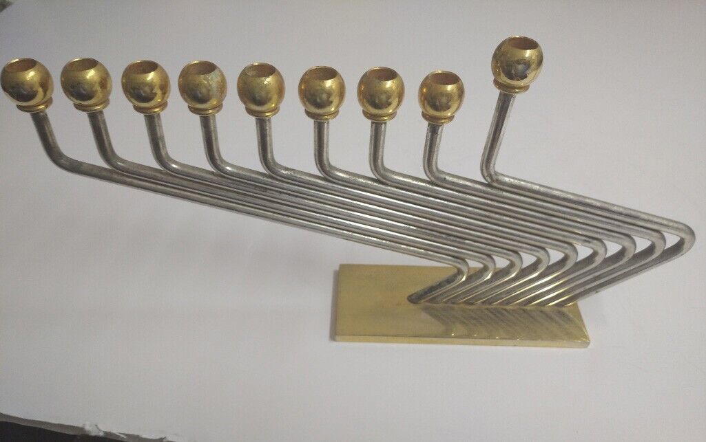 Modern Israeli Karshi Unique Hanukkah Menorah 24 Kt Gold &amp; Silver-Plated... - $126.96