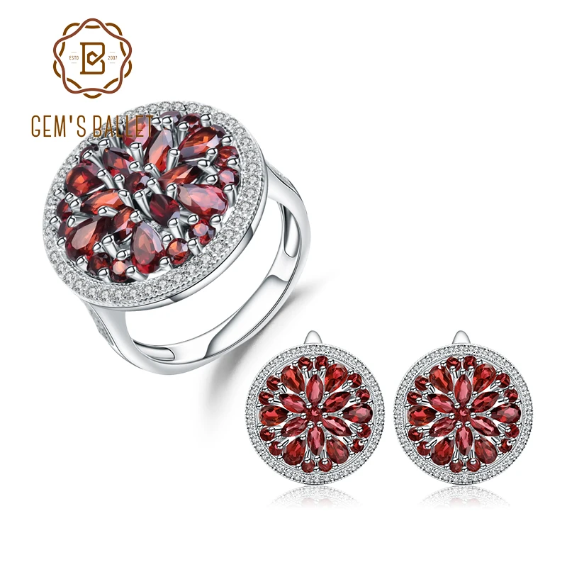 11.65Ct Natural Red Garnet Gemstone Earrings Ring Set 925 Sterling Silver Round  - $161.69