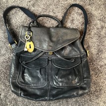 Fossil Backpack Leather Vintage 1954 Cargo Dark Navy Blue Hobo Lock and Key Soft - £54.95 GBP