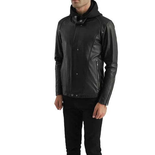 HIGHSCHOOL BLACK HOODED LEATHER JACKET - $220.00