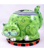 CM Redwine Green Ceramic Cat Coin Piggy Bank Figurine Statue Curly Q&#39;s 5... - $25.43