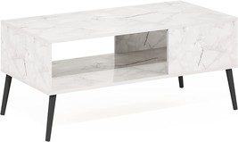 White Marble Top With Wood Legs Coffee Table By Furinno Claude. - £80.50 GBP