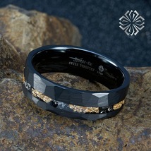 24K Gold Foil &amp; Meteorite Black Faceted 8mm ATOP Jewelry Tungsten Ring - $37.99