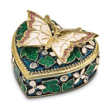 Bejeweled Gold Toned Enameled Pink Butterfly On Heart Trinket Box - £78.20 GBP