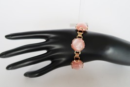 vintage gold tone luminescent pink cabochon bead bracelet &amp; screw back e... - £24.03 GBP