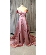 Off the shoulder Short Sleeves  Satin Hand Made Flowers Button Evening Dress - $200.00