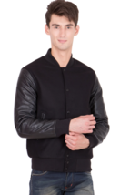 Men&#39;s Black Leather Sleeves Wool Varsity Jacket - $129.99