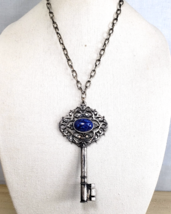 Vintage 1970's Direction One Faux Lapis Lazuli Cabochon Pewter Key Pendant - $48.27