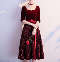 Wine Red Half Sleeve Velvet Midi Dress Custom Plus Size Bridesmaid Midi Dress image 1