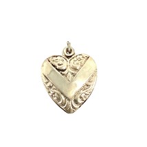 Antique Signed Sterling Sterling Puffy Heart Charm V Banner Carved Pendant - $39.59