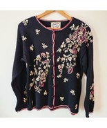 Heirloom Collectibles Black Floral Embroidery Sweater Cardigan Boho Gran... - $39.66 CAD