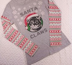 Wound Up M(7-9) &quot;Santa Claws&quot; Cat Holiday Christmas Top Shirt Long Sleeve Gray - £9.56 GBP