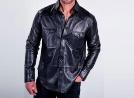 Herren Lederhemd Handgefertigt Stylisch SCHWARZ Echt Lammleder Freizeit... - $118.23+