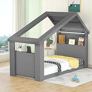 Twin Floor Bed For Kids,Twin Size House Bed Frame With Roof, Window And ... - $569.99