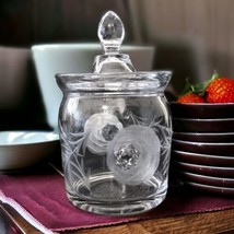 Crystal Glass Jam Jelly Jar Lid Etched Condiment Vintage No Spoon Clear Floral - £19.48 GBP