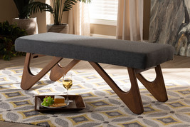 Soleil Dark Gray Fabric Upholstered Walnut Brown Finished Boomerang Bench - $4,016.62 MXN