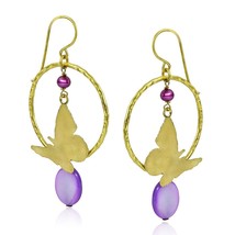 Magical Purple Shell &amp; Pearl w/ Brass Butterfly Lover Silhouette Dangle Earrings - £10.35 GBP
