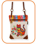 Laurel Burch #LB8253 Maya Cat Canvas 6.5&quot;x8.25&quot; Crossbody Bag~Leather Strap - £18.97 GBP