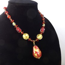 Red Gold Murano Glass Bead Teardrop Chunky Pendant Necklace, Hilary London - £32.52 GBP