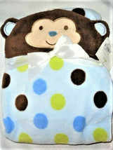 Boys Baby Blanket Baby Gear Monkey Hood Hooded Blue Polka Dot Green Brown NEW - £31.80 GBP