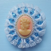 Pink Victorian Girl Cameo Pin Brooch ~ White Lace Trim &amp; Blue Beads - £4.80 GBP