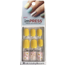RARE Kiss Nails Impress Press On Manicure Short Gel Yellow White Floral Daisy - £13.49 GBP