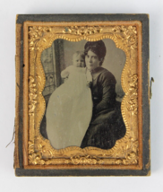 c1850s Young mom baby plate Tintype Real Photo + 1/2 Case ORNATE GOLD GILT - £27.96 GBP