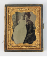 c1850s Young mom baby plate Tintype Real Photo + 1/2 Case ORNATE GOLD GILT - $34.99