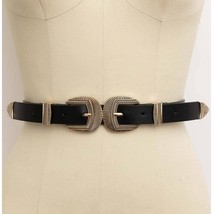 Double Buckle Vegan Leather Western Style Belt Black - $460.96 MXN