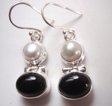 Black Onyx Oval and Cultured Pearl 925 Sterling Silver Dangle Earrings - £15.63 GBP
