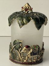 Vintage Bejeweled Enameled Metal Votive Candle Holder w/ Lid , Elephants Jungle - £11.05 GBP