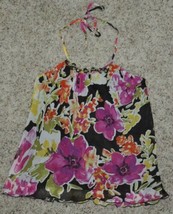 Womens Shirt Halter Jr Girls Iz Byer Pink Brown Satiny Floral Necklace $36-sz S - £9.27 GBP