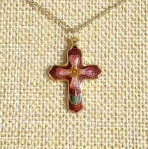 Cross Crucifix Enamel Cloisonné Pink Maroon, Green on Gold Tone GF Necklace 18in - £15.68 GBP