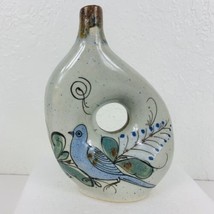 Tonala Pottery Bud Vase Pierced Flask Decanter Pitcher Blue Bird Mexico Folk Art - £27.58 GBP